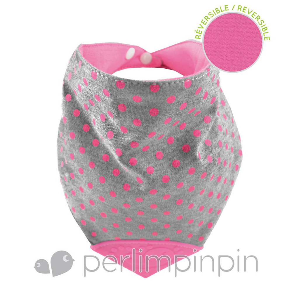 Perlimpinpin Bavoir de dentition en coton pois rose fond gris