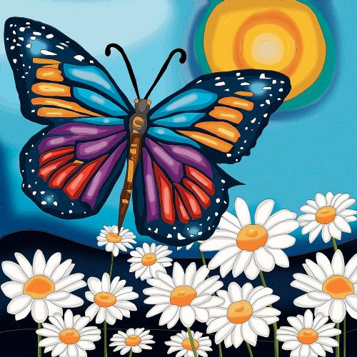 Jacarou - Broderie de diamants ronds - Marguerites et papillon