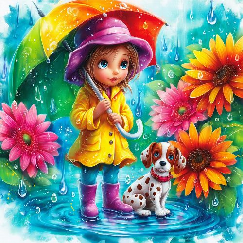 Jacarou - Broderie de diamants ronds - Amis sous la pluie