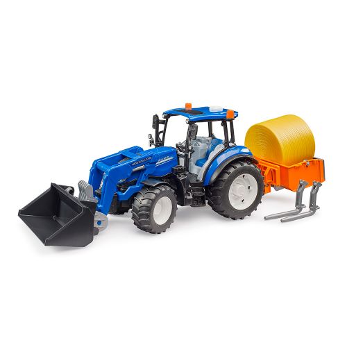 Bruder - Holland Powerstar T5 120 chargeur avant, boîte de transport, fourches et balle ronde