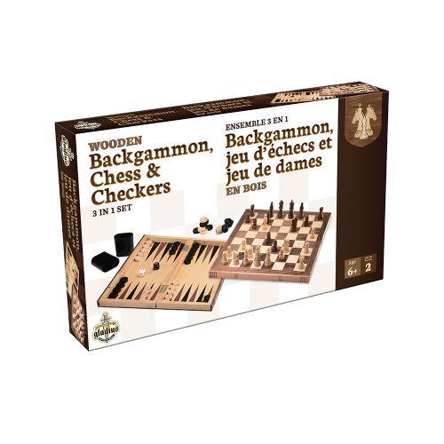 Jeu 3-en-1 Ensemble en bois Backgammon, d'échecs et de dames