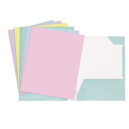 Duo-tang de carton laminé - Attaches et pochettes 5 couleurs pastel assorties