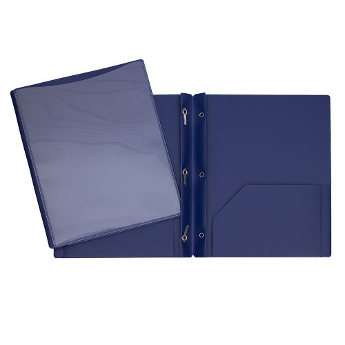 Duo-tang de présentation en plastique avec attaches et pochettes bleu