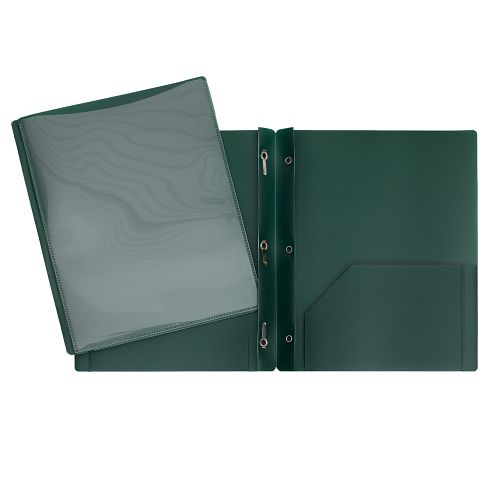 Duo-tang de présentation en plastique avec attaches et pochettes vert