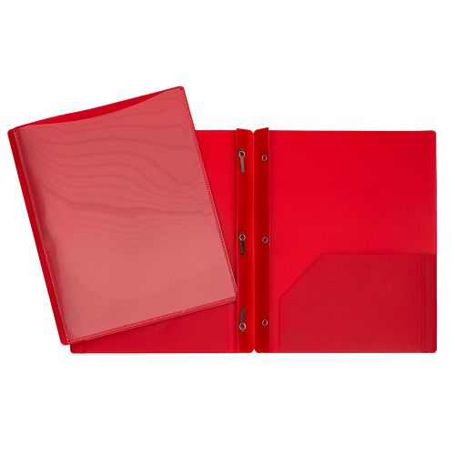 Plastic presentation duo-tang with prongs and pockets, red