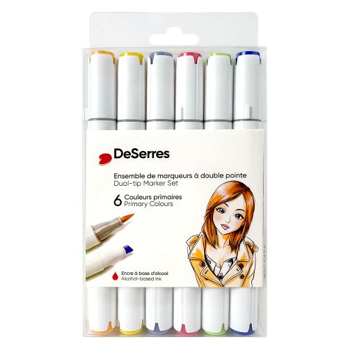 DeSerres - Ensemble de marqueurs alcool double pointes 6 couleurs primaires